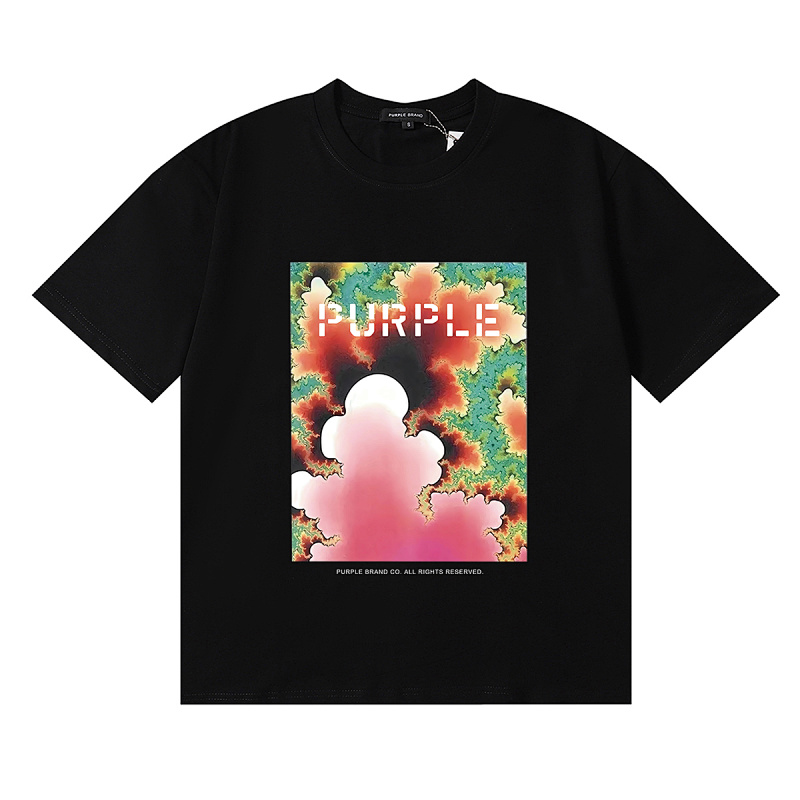 编号3057，2024春夏新款Purple Brand Fractal锦簇红花绿植印花高品质双纱纯棉休闲短袖T恤男女