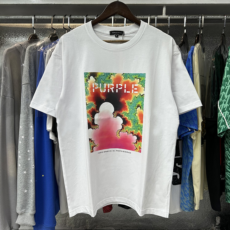 编号3057，2024春夏新款Purple Brand Fractal锦簇红花绿植印花高品质双纱纯棉休闲短袖T恤男女