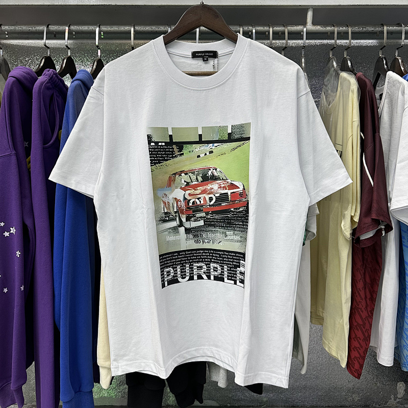 编号3065，美式潮牌Purple Brand赛车海报印花高品质双纱纯棉休闲短袖T恤男女