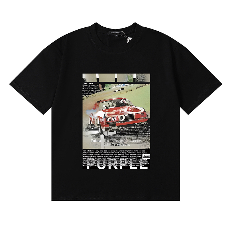 编号3065，美式潮牌Purple Brand赛车海报印花高品质双纱纯棉休闲短袖T恤男女