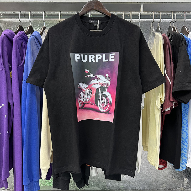 编号3066，美潮Purple Brand摩托车印花高品质双纱纯棉休闲短袖T恤男女