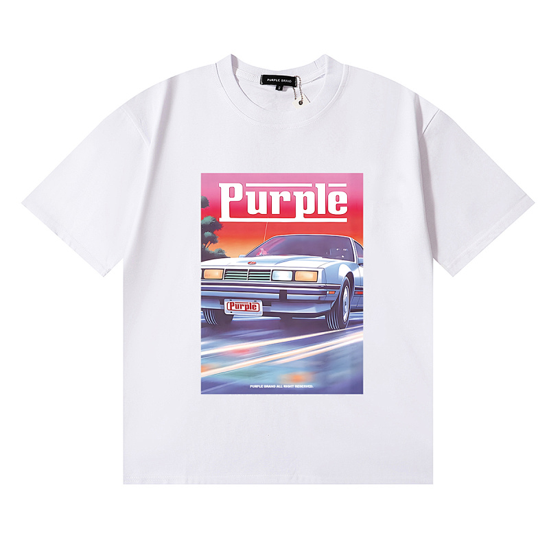 编号3067，美潮Purple Brand老爷车印花高克重双纱纯棉休闲短袖T恤男女