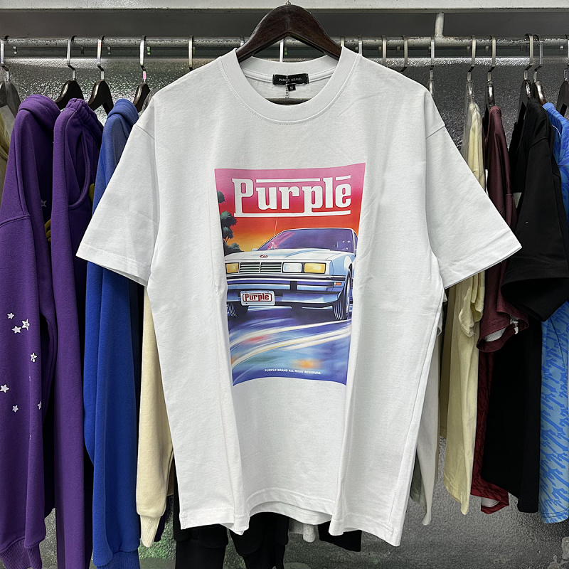 编号3067，美潮Purple Brand老爷车印花高克重双纱纯棉休闲短袖T恤男女