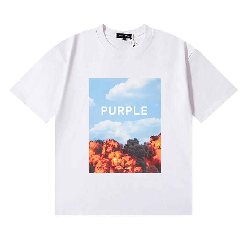 编号3073，美潮Purple Brand蓝天白云烈焰印花高品质双纱纯棉休闲短袖T恤男女