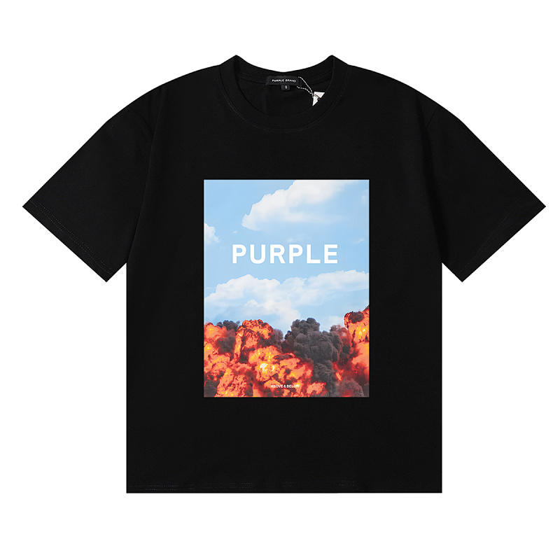 编号3073，美潮Purple Brand蓝天白云烈焰印花高品质双纱纯棉休闲短袖T恤男女