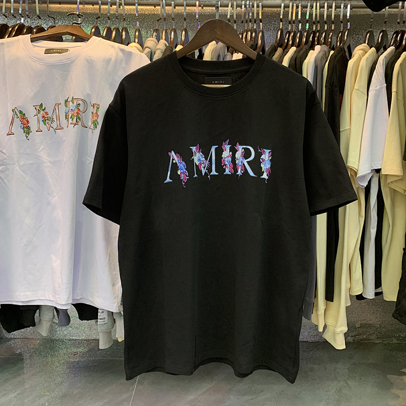 编号906，批48，美式潮牌AMIRI花卉蝴蝶印花双纱纯棉短袖T恤男女