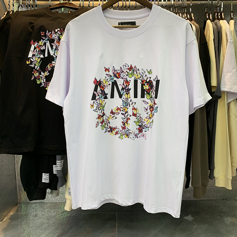 编号909，批48，美潮轻奢AMIRI爱与和平蝴蝶印花高品质双纱纯棉短袖T恤男女