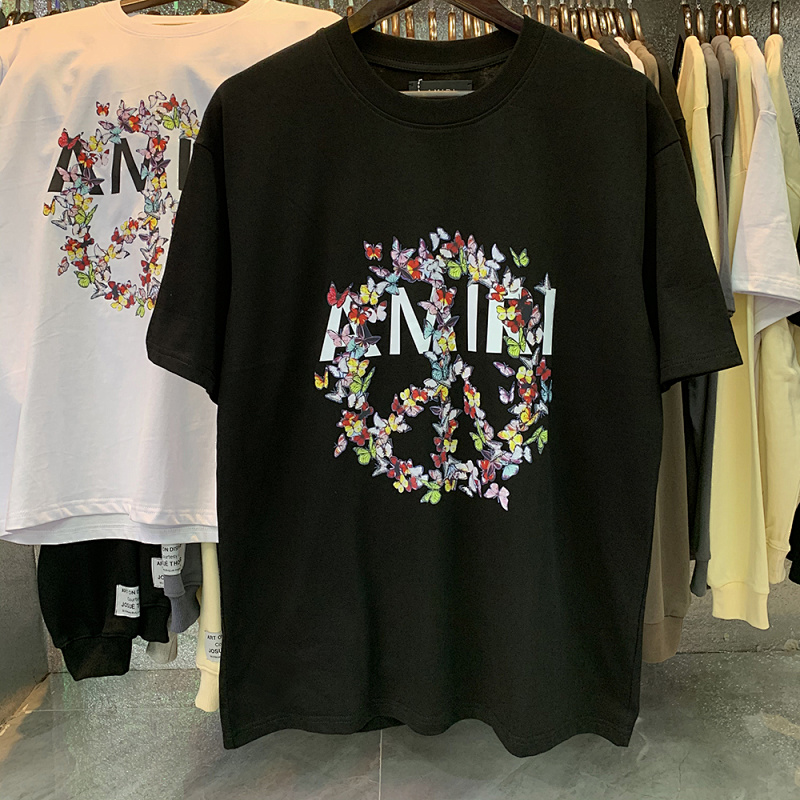 编号909，批48，美潮轻奢AMIRI爱与和平蝴蝶印花高品质双纱纯棉短袖T恤男女