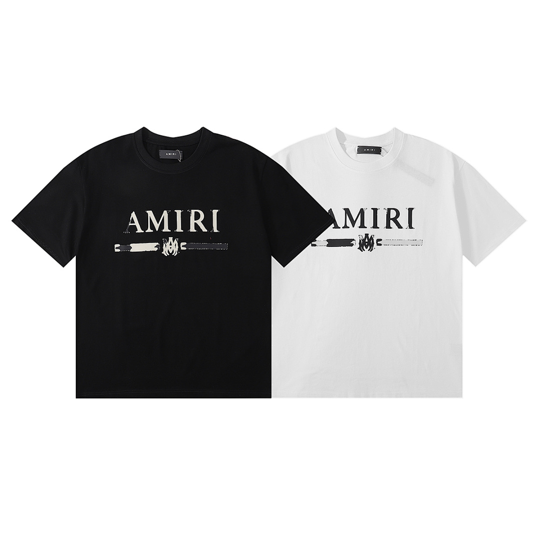 编号923，2023SS美潮轻奢AMIRI官网款经典简约印花高品质双纱纯棉短袖T恤男女