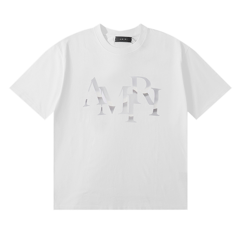 编号937，2024春夏新款美潮轻奢AMIRI交错小迷彩LOGO印花高品质双纱纯棉休闲短袖T恤男女