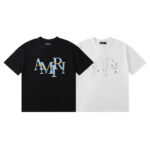 编号937，2024春夏新款美潮轻奢AMIRI交错小迷彩LOGO印花高品质双纱纯棉休闲短袖T恤男女