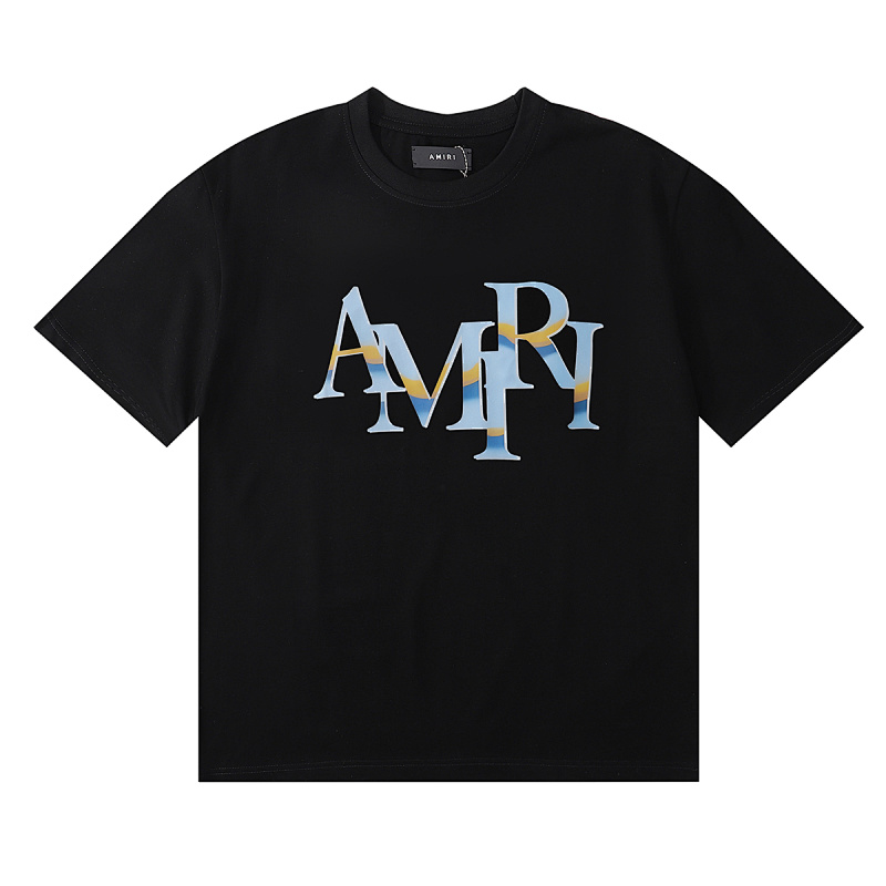 编号937，2024春夏新款美潮轻奢AMIRI交错小迷彩LOGO印花高品质双纱纯棉休闲短袖T恤男女