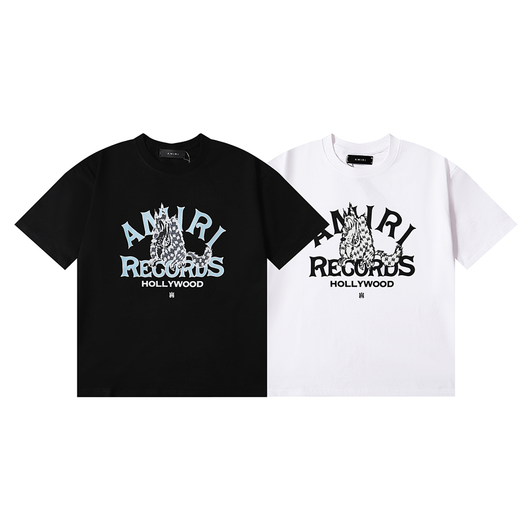 编号950，美潮轻奢Amiri Records Wolf小Logo狼印花高品质双纱纯棉短袖T恤男女