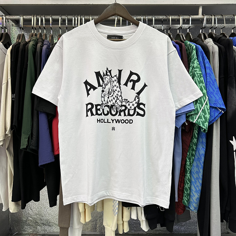 编号950，美潮轻奢Amiri Records Wolf小Logo狼印花高品质双纱纯棉短袖T恤男女