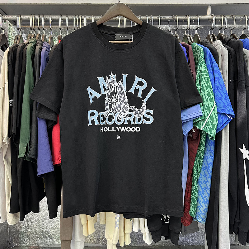 编号950，美潮轻奢Amiri Records Wolf小Logo狼印花高品质双纱纯棉短袖T恤男女