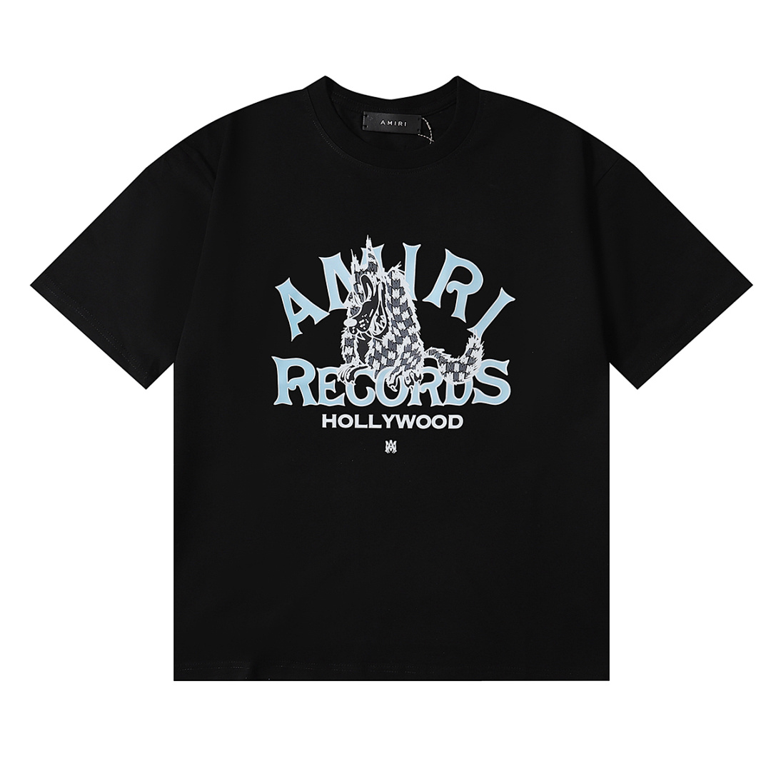 编号950，美潮轻奢Amiri Records Wolf小Logo狼印花高品质双纱纯棉短袖T恤男女