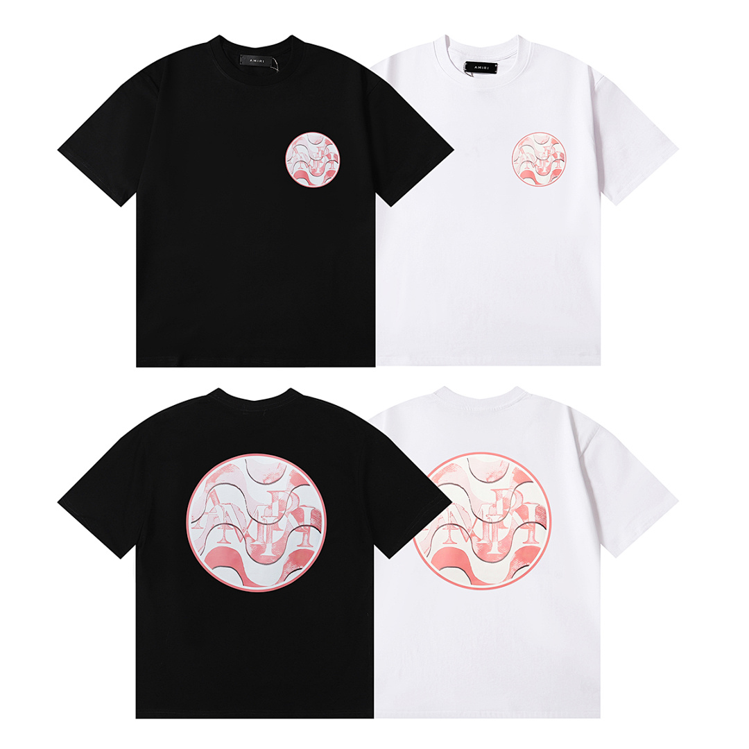 编号968，跨境外贸美潮Amiri交错波浪印花高克重双纱纯棉休闲短袖T恤男女