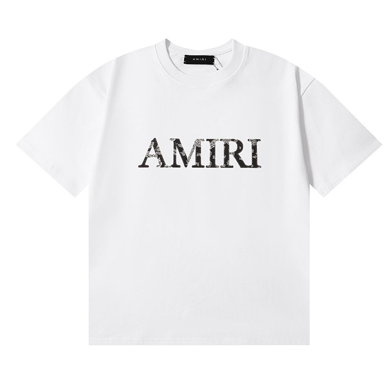 编号970，跨境美潮AMIRI经典Logo腰果花印花高品质纯棉双纱休闲短袖T恤男女
