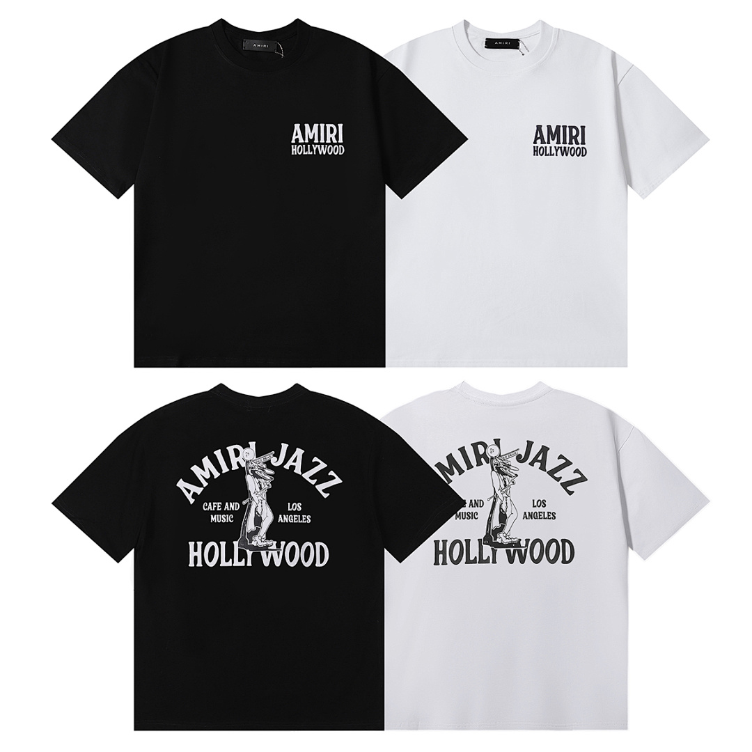 编号991，2025新款美潮阿米里Amiri Jazz Wolf爵士狼印花高克重双纱纯棉休闲短袖T恤男女