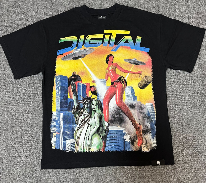 美式小众DIGITAL印花短袖男摇滚乐队烫钻街头机甲未来风宽松T恤