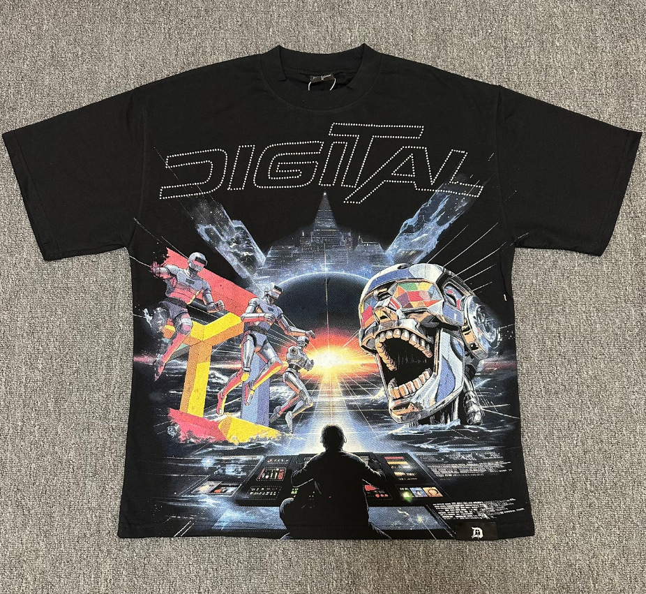 美式小众DIGITAL印花短袖男摇滚乐队烫钻街头机甲未来风宽松T恤