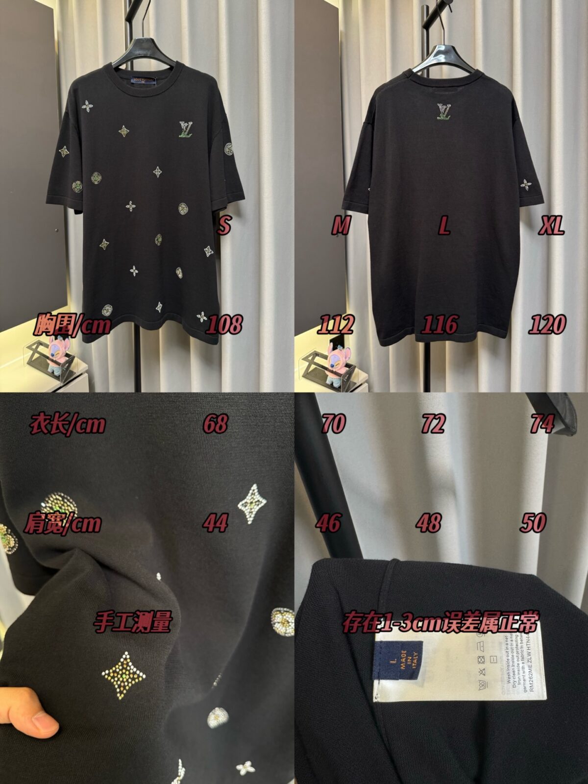weigou_171935_9_69167037c7 P160 【高端复刻】 Louis Vuitton/路易 26ss 老花烫钻针织短袖T恤(黑) 采用定制黑色棉质针织面料,做到100%全棉进口纱线,意大利制造,全幅饰以莱茵石字母标识,定织标志性罗纹领口 袖口 下摆,超紧密度局部编织 高端版 认准版本。 Size:s/m/l/xl