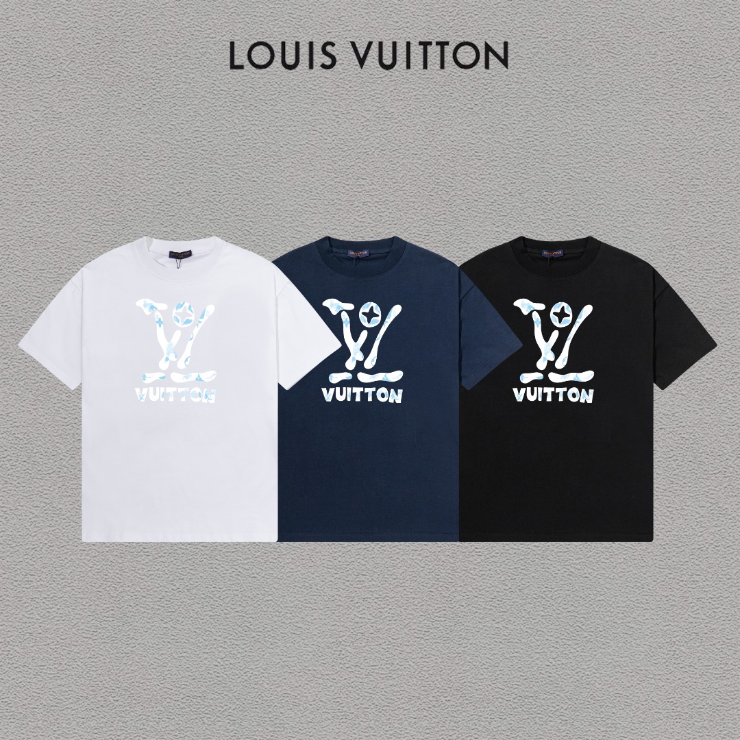 P70 LV/路易威登 印花Logo百搭潮流短袖T恤男女同款 吊牌 领标 水洗唛 三标齐全 定织定染280克精梳棉面料 尺码：S-XXL 颜色：黑色，白色，藏青色