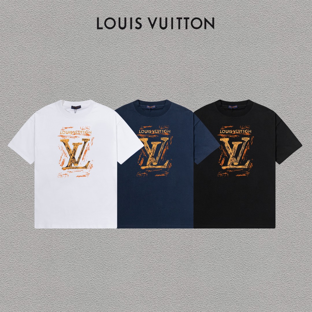 P70 LV/路易威登 印花Logo百搭潮流短袖T恤男女同款 吊牌 领标 水洗唛 三标齐全 定织定染280克精梳棉面料 尺码：S-XXL 颜色：黑色，白色，藏青色