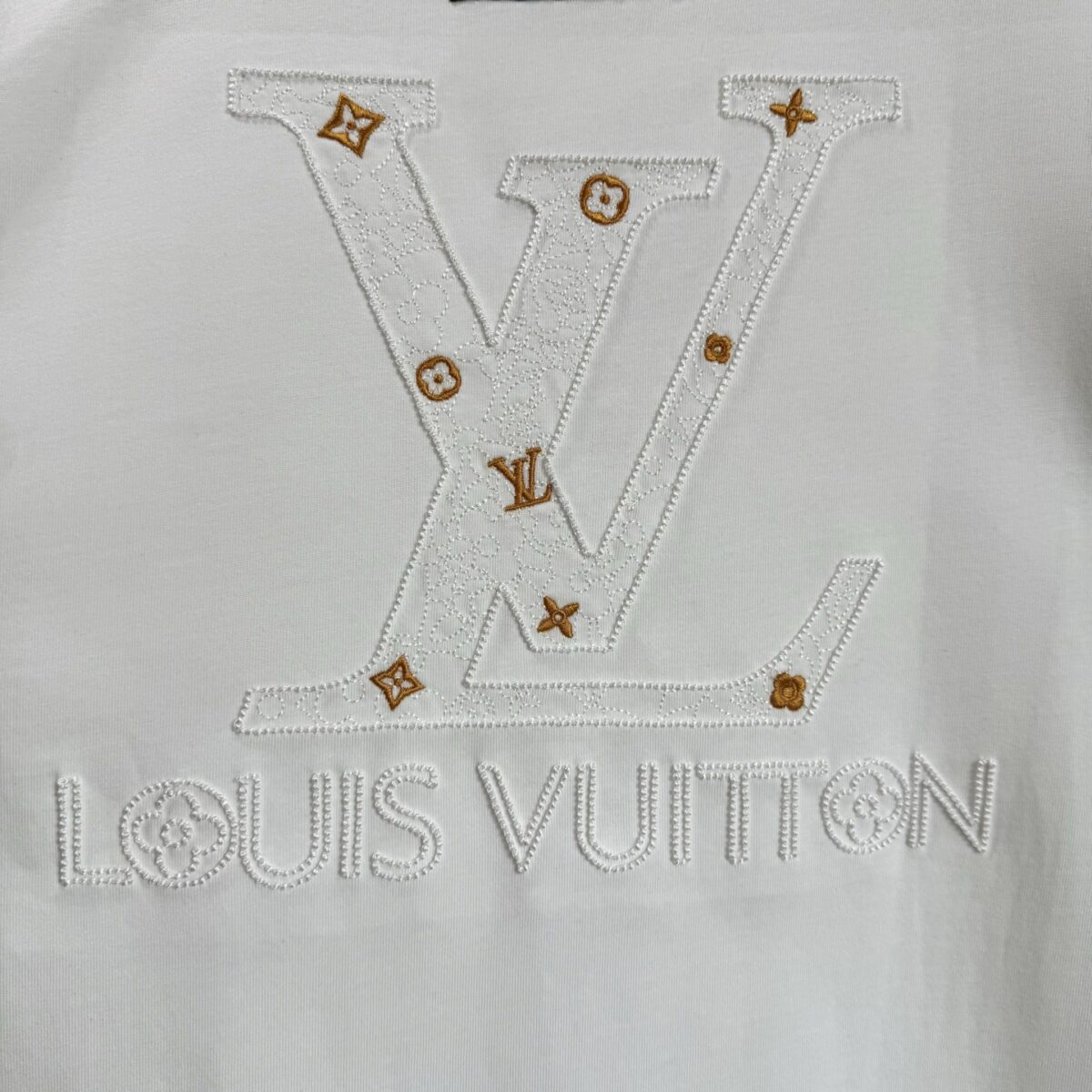 P75 款号TM1038 LV路易威登字母大标logo图案刺绣圆领短袖 面料：280克32支双纱纯棉面料 工艺：重工精梳棉 螺纹同缸同色 整体不会有色差 当下热度爆款 男女情侣款 定制原版一致辅料 三标齐全 os宽松版型 最大可穿到200斤左右 颜色：黑色 白色 尺码：S M L XL