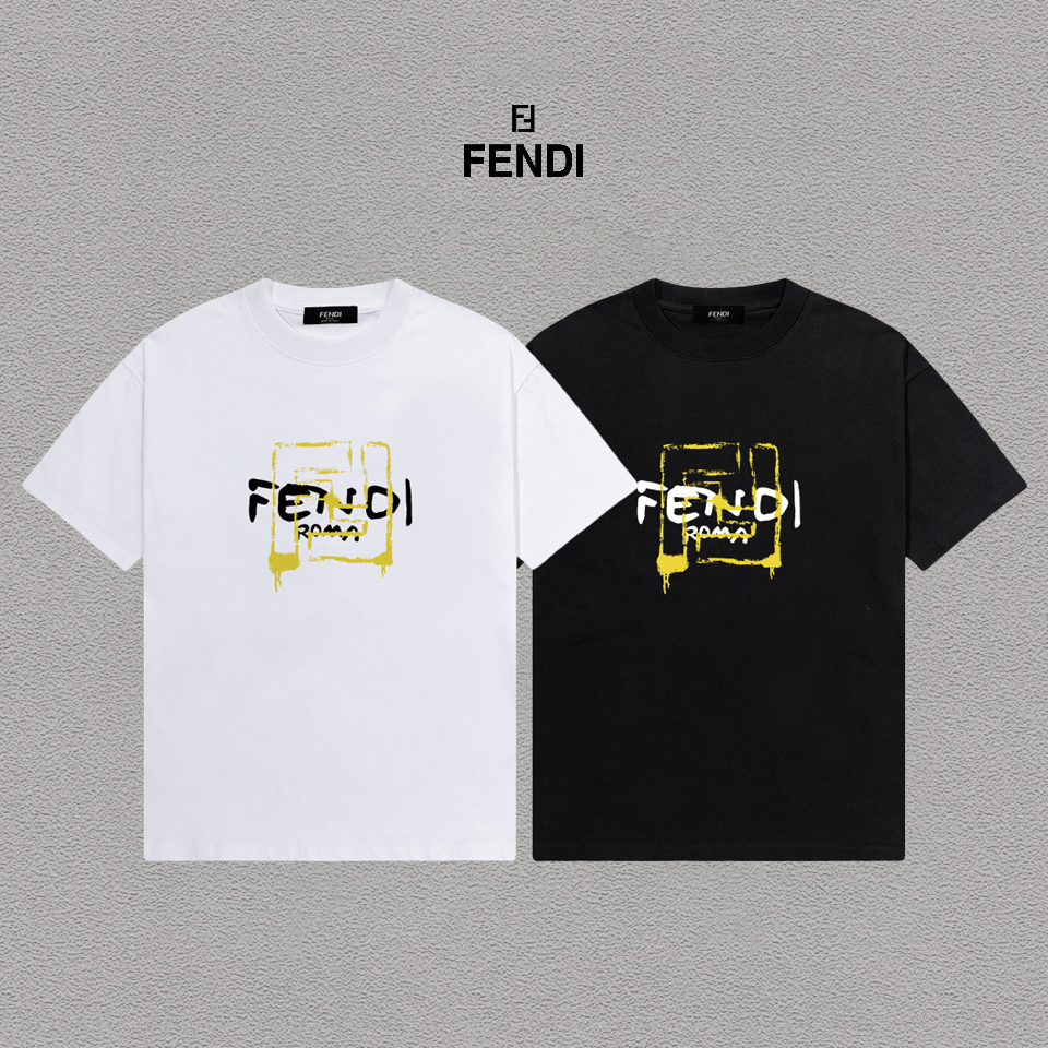P70 Fendi/芬迪 印花Logo百搭潮流短袖T恤男女同款 吊牌 领标 水洗唛 三标齐全 定织定染280克精梳棉面料 尺码：S-XXL 颜色：黑色，白色