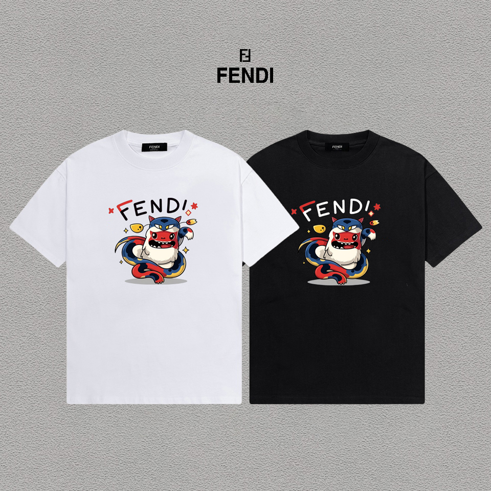 P70 Fendi/芬迪 印花Logo百搭潮流短袖T恤男女同款 吊牌 领标 水洗唛 三标齐全 定织定染280克精梳棉面料 尺码：S-XXL 颜色：黑色，白色