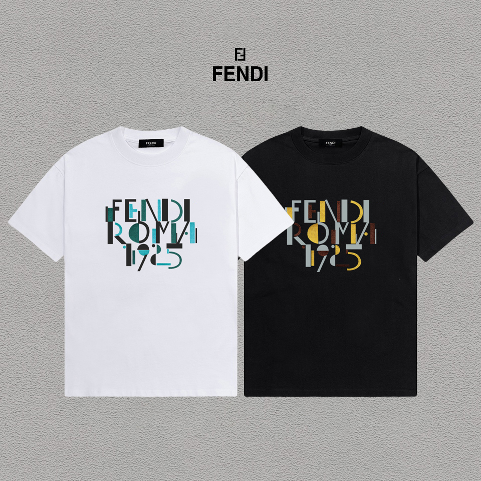 P70 Fendi/芬迪 印花Logo百搭潮流短袖T恤男女同款 吊牌 领标 水洗唛 三标齐全 定织定染280克精梳棉面料 尺码：S-XXL 颜色：黑色，白色