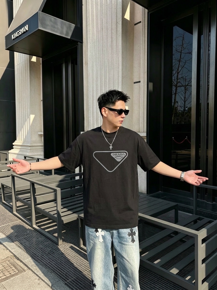 P80 Prad～普拉达 厚板亮片滴胶 《区别通货面料》 双纱纯棉紧密纱线短袖tee 上身十分舒适，男女同款半袖，落肩宽松版型 颜色: 黑色 白色 咖啡色 尺码：S（90-130斤） M（125-150斤） L（135-165斤） XL（160-190斤） XXL（185-220斤）