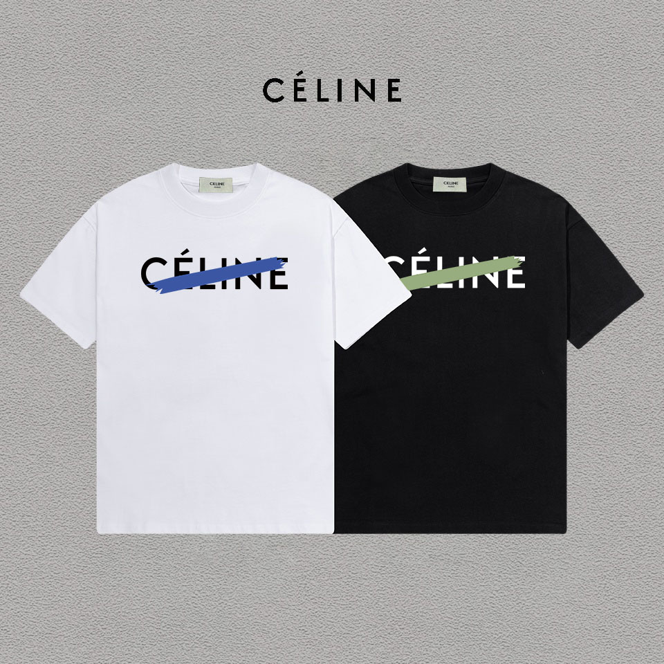 P70 Celine/赛琳 印花Logo百搭潮流纯棉短袖T恤男女同款 吊牌 领标 水洗唛 三标齐全 定织定染280克精梳棉面料 尺码：S-XXL 颜色：黑色，白色