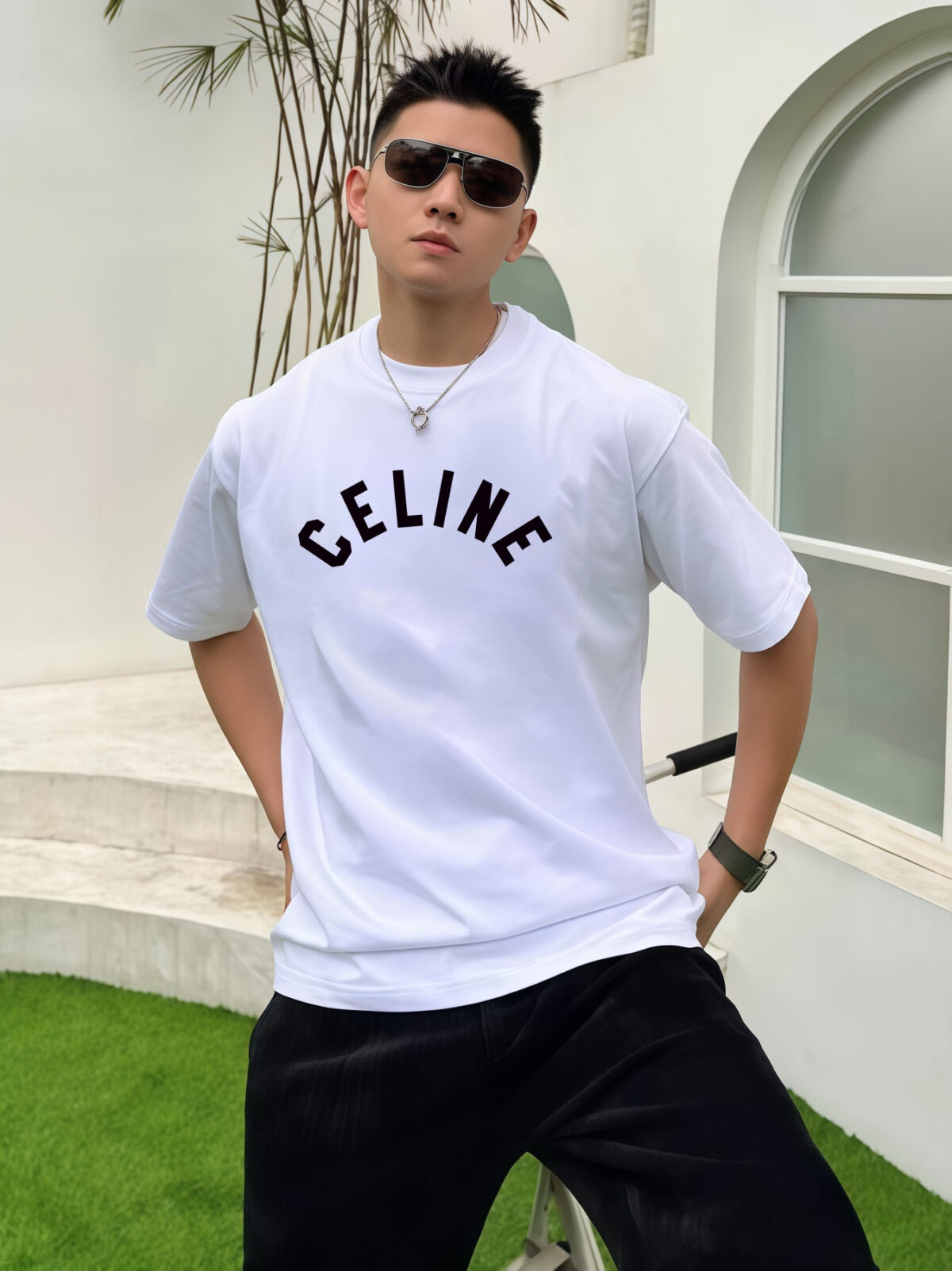 P70 Celine/赛琳 印花Logo百搭潮流纯棉短袖T恤男女同款 吊牌 领标 水洗唛 三标齐全 定织定染280克精梳棉面料 尺码：S-XXL 颜色：黑色，白色