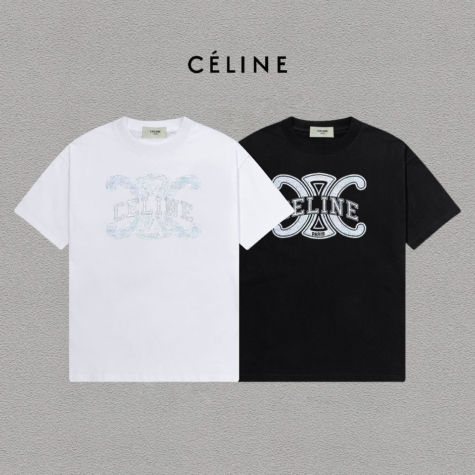 P70 Celine/赛琳 印花Logo百搭潮流纯棉短袖T恤男女同款 吊牌 领标 水洗唛 三标齐全 定织定染280克精梳棉面料 尺码：S-XXL 颜色：黑色，白色