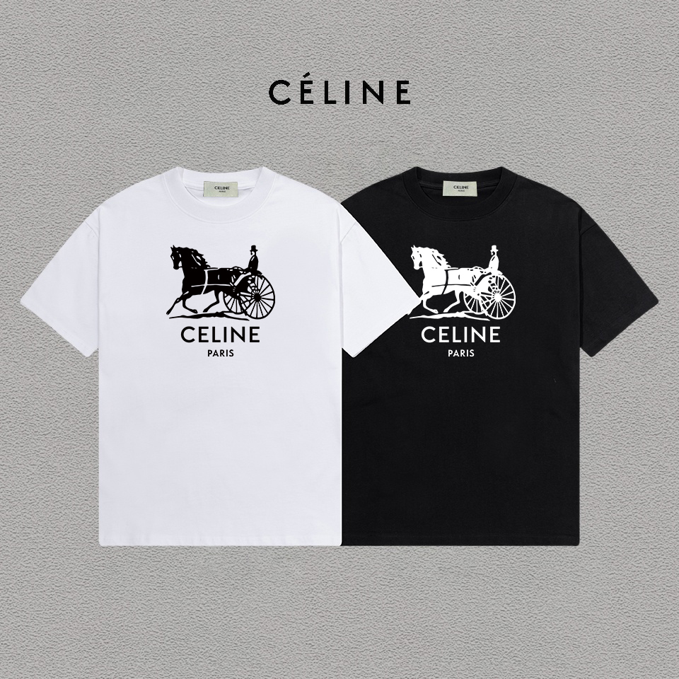 P70 Celine/赛琳 印花Logo百搭潮流纯棉短袖T恤男女同款 吊牌 领标 水洗唛 三标齐全 定织定染280克精梳棉面料 尺码：S-XXL 颜色：黑色，白色