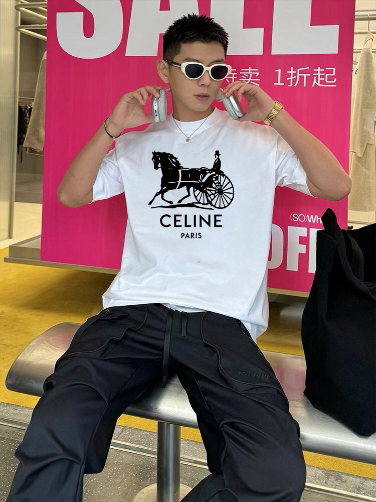 P70 Celine/赛琳 印花Logo百搭潮流纯棉短袖T恤男女同款 吊牌 领标 水洗唛 三标齐全 定织定染280克精梳棉面料 尺码：S-XXL 颜色：黑色，白色