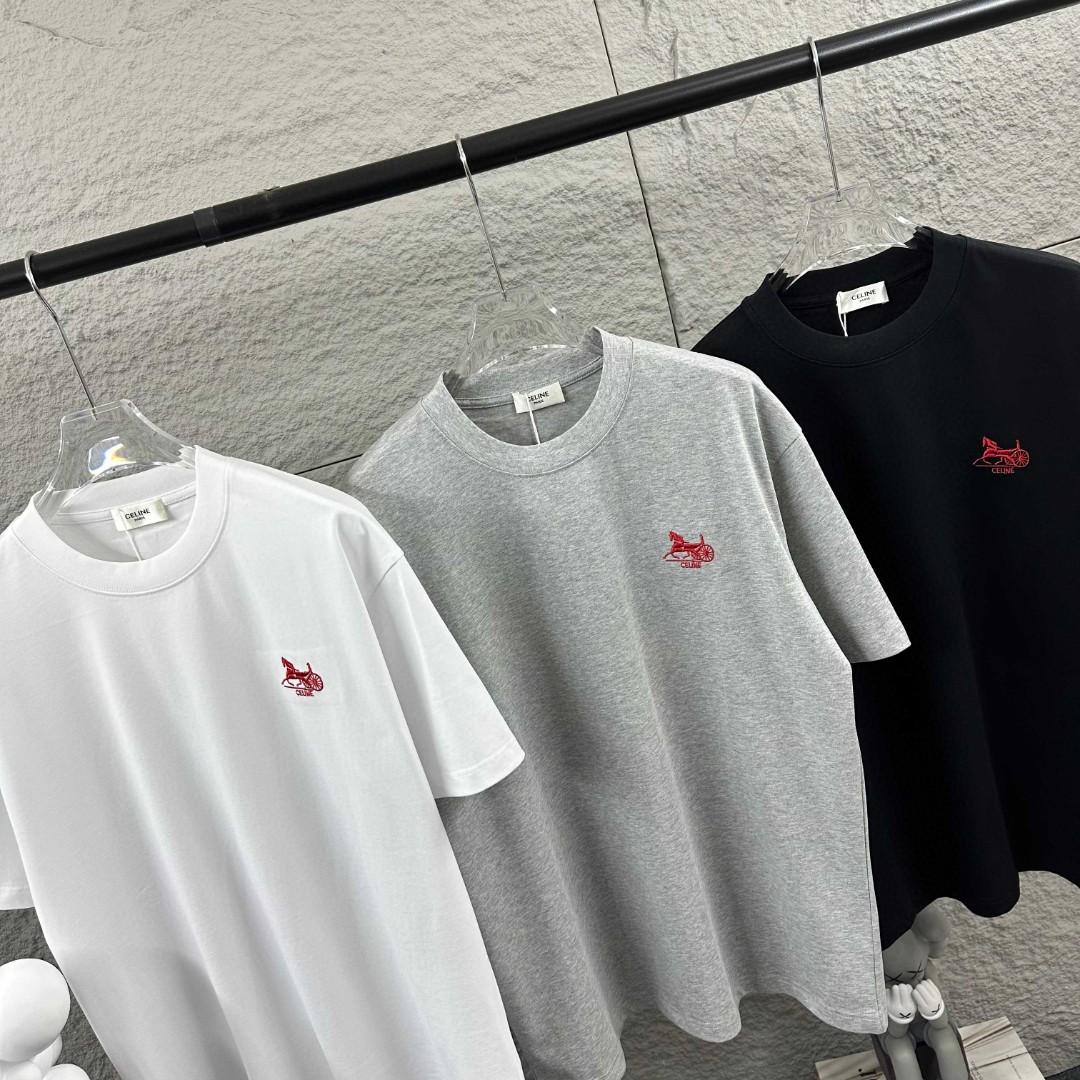 P75 Celi* 塞琳 塞林 2026春夏款 简约字母刺绣工艺个性logo 定制双纱平纹纯棉面料 短袖T恤 男女同款 颜色：黑色 白色 花灰色 尺码： S （90-130斤） M （120-150斤） L （140-165斤） XL （160-180斤） XXL （180-210斤）