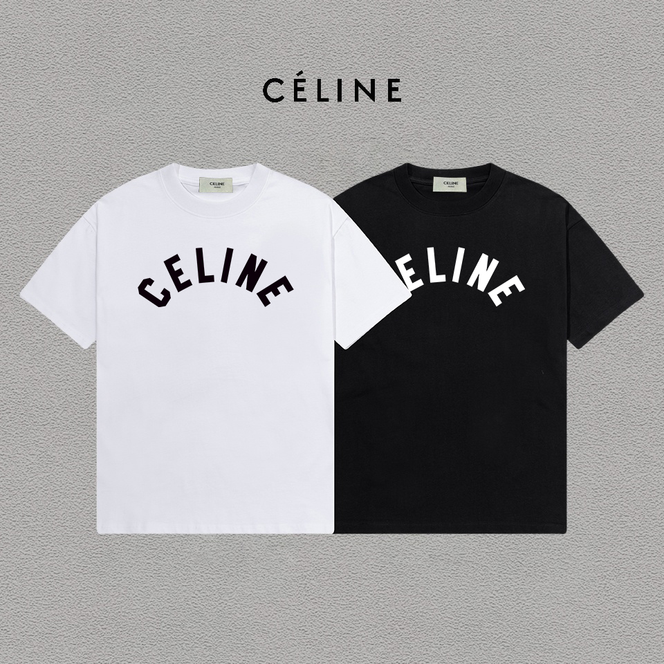 P70 Celine/赛琳 印花Logo百搭潮流纯棉短袖T恤男女同款 吊牌 领标 水洗唛 三标齐全 定织定染280克精梳棉面料 尺码：S-XXL 颜色：黑色，白色