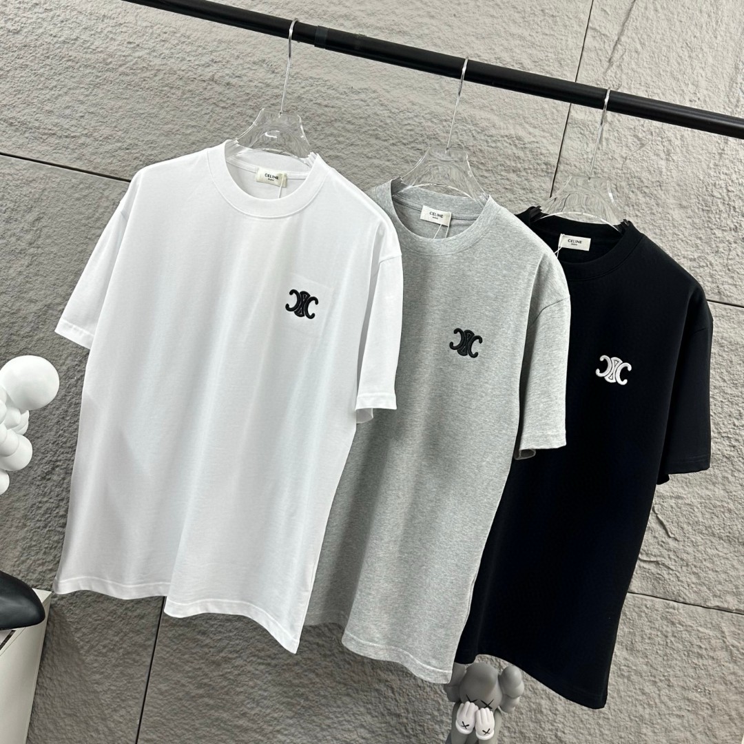 P75 Celi* 塞琳 塞林 2026春夏款 简约字母立体刺绣工艺个性logo 定制双纱平纹纯棉面料 短袖T恤 男女同款 颜色：黑色 白色 花灰色 尺码： S （90-130斤） M （120-150斤） L （140-165斤） XL （160-180斤） XXL （180-210斤）
