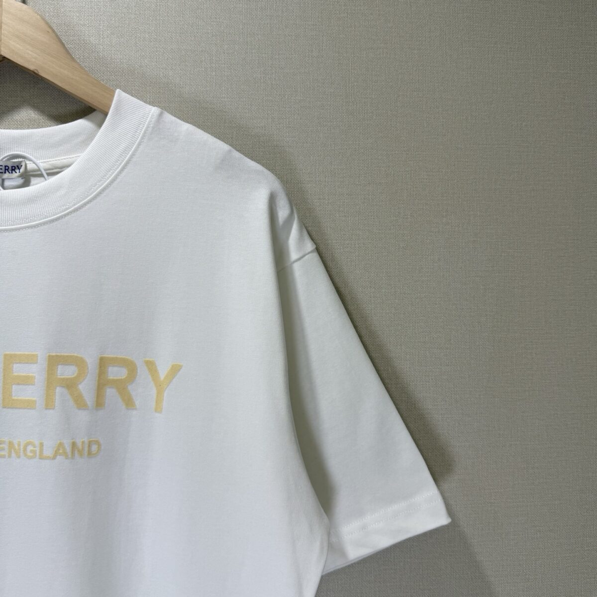P70 款号TM1108 BURBERRY 巴宝莉新款限定高级植绒金标圆领短袖 面料：280 克32支双纱纯棉面料 工艺：重工精梳棉 螺纹同缸同色 整体不会有色差 当下热度爆款 男女情侣款 定制原版一致辅料 三标齐全 os宽松版型 最大可穿到200斤左右 颜色：白色 黑色 尺码：S M L XL