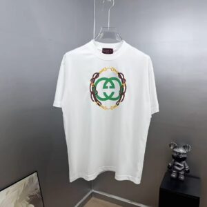 P80 gucc～ 古奇复古厚板滴胶 《区别通货面料》双纱纯棉，紧密纱线，短袖tee 上身十分舒适，男女同款半袖，落肩宽松版型 颜色: 黑色 白色 咖啡色 尺码：S（90-130斤） M（125-150斤） L（135-165斤） XL（160-190斤） XXL（185-220斤）