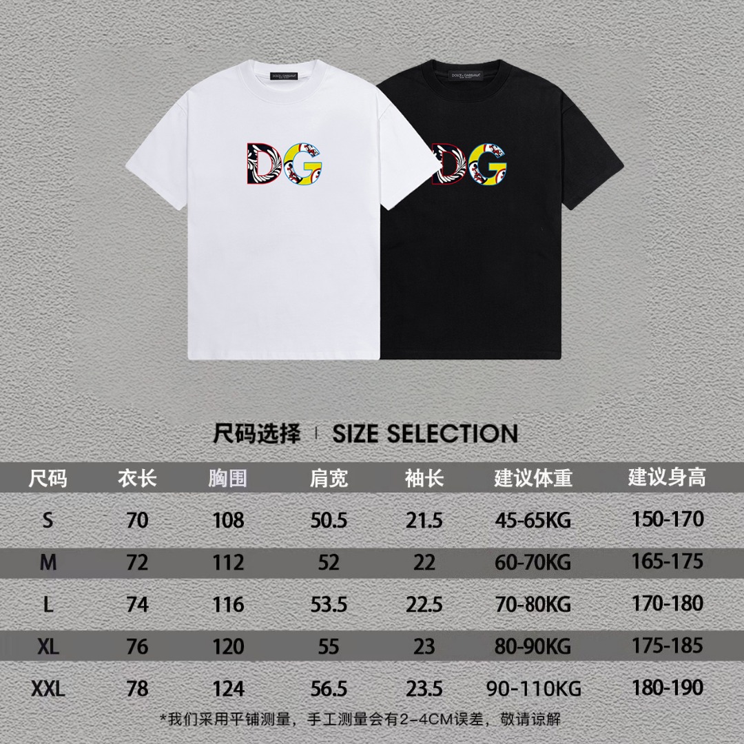 P70 DG/杜嘉班纳 印花LOGO字母百搭圆领短袖T恤男女同款 吊牌 领标 水洗唛 三标齐全 尺码：S-XXL 颜色：黑色，白色