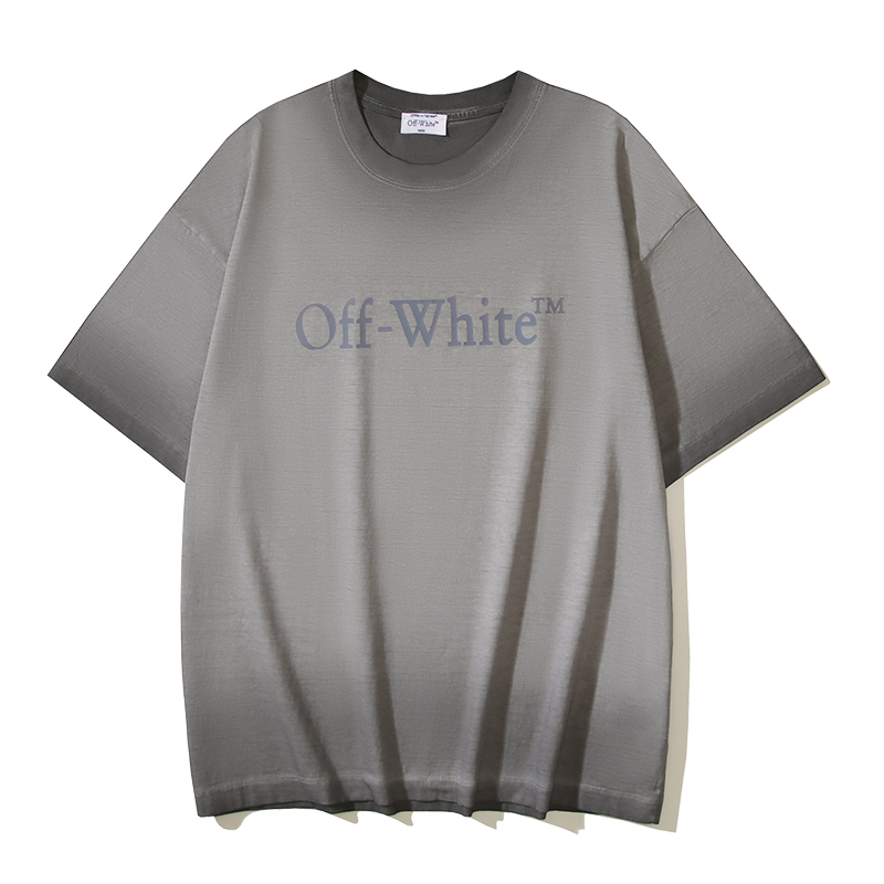 P75 OFF-WHITE纯棉280g洗水做旧双纱重磅渐变LOGO印花短袖T恤 做旧灰色 S M L XL