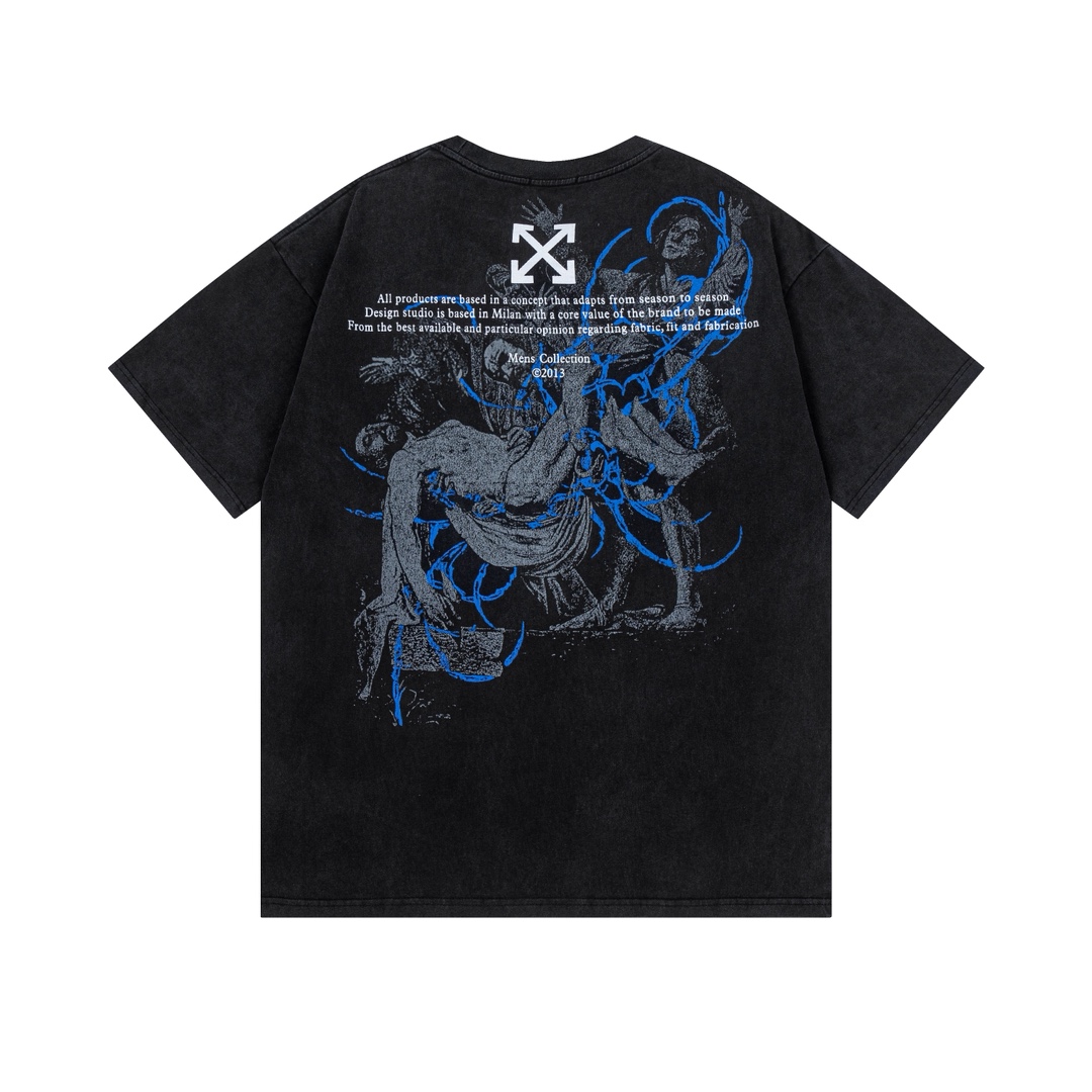 P75 off white 25新款油画人像洗水款短袖T恤 颜色：黑色 尺码：S M L XL