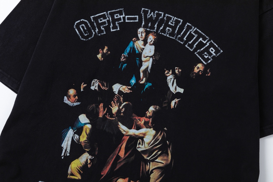 P75 off white 25新款油画人像洗水款短袖T恤 颜色：黑色 尺码：S M L XL