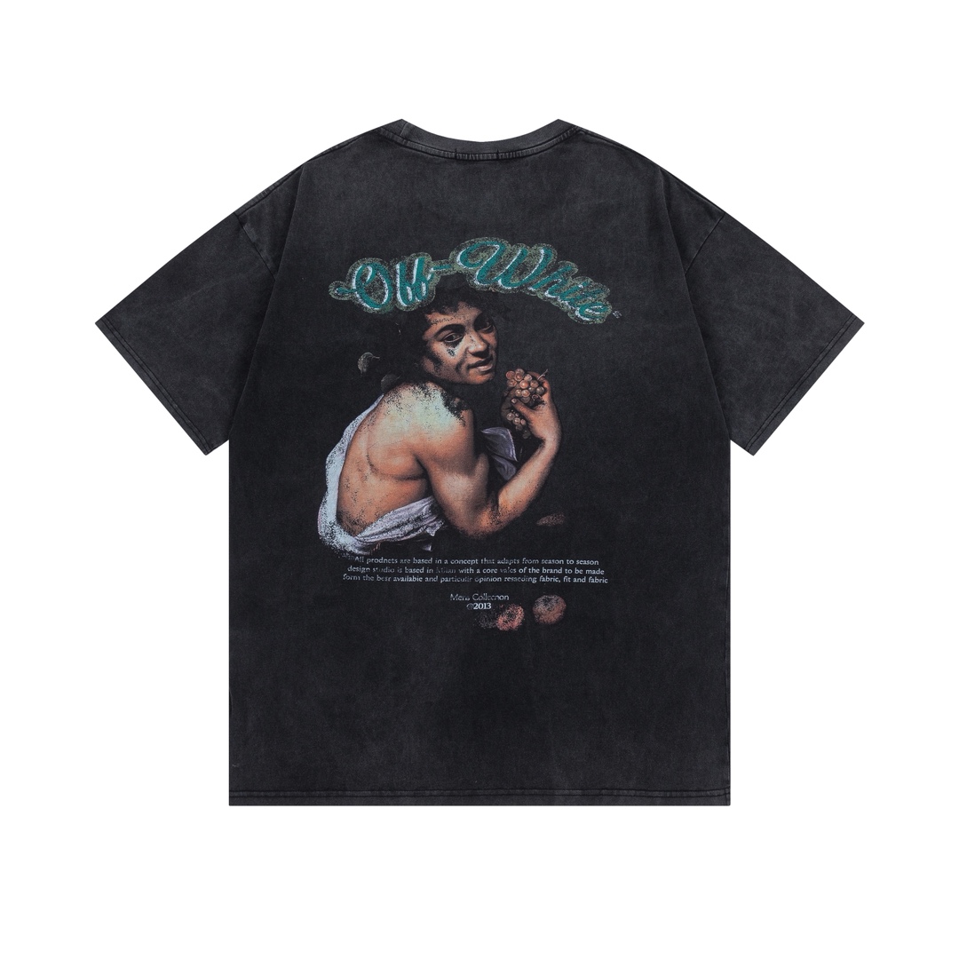 P75 off white 25新款油画老人像洗水款短袖T恤 颜色：黑色 尺码：S M L XL