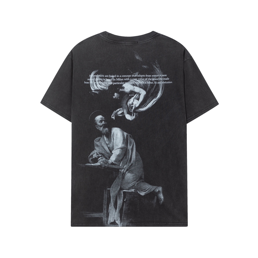 P75 off white 24n新款黑白油画老人像洗水款短袖T恤 颜色：黑色 尺码：M L XL