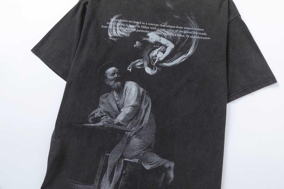 P75 off white 24n新款黑白油画老人像洗水款短袖T恤 颜色：黑色 尺码：M L XL